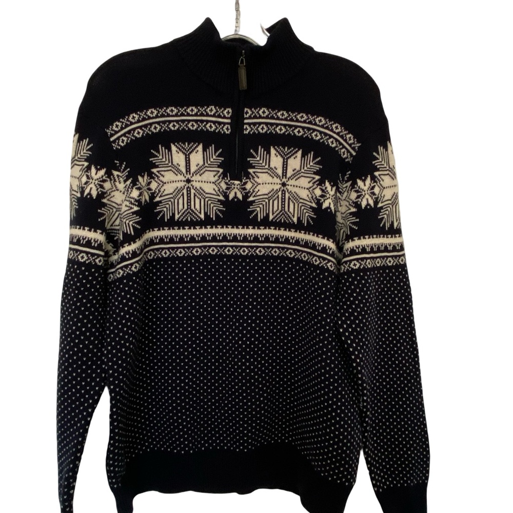 Aspen Mens Navy Snowflake Fair Isle Cotton 1/4 Zip Up Ski Resort Sweater- Sz-L